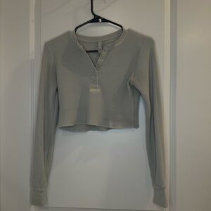 Women's Waffle Long Sleeve Henley Crop Top